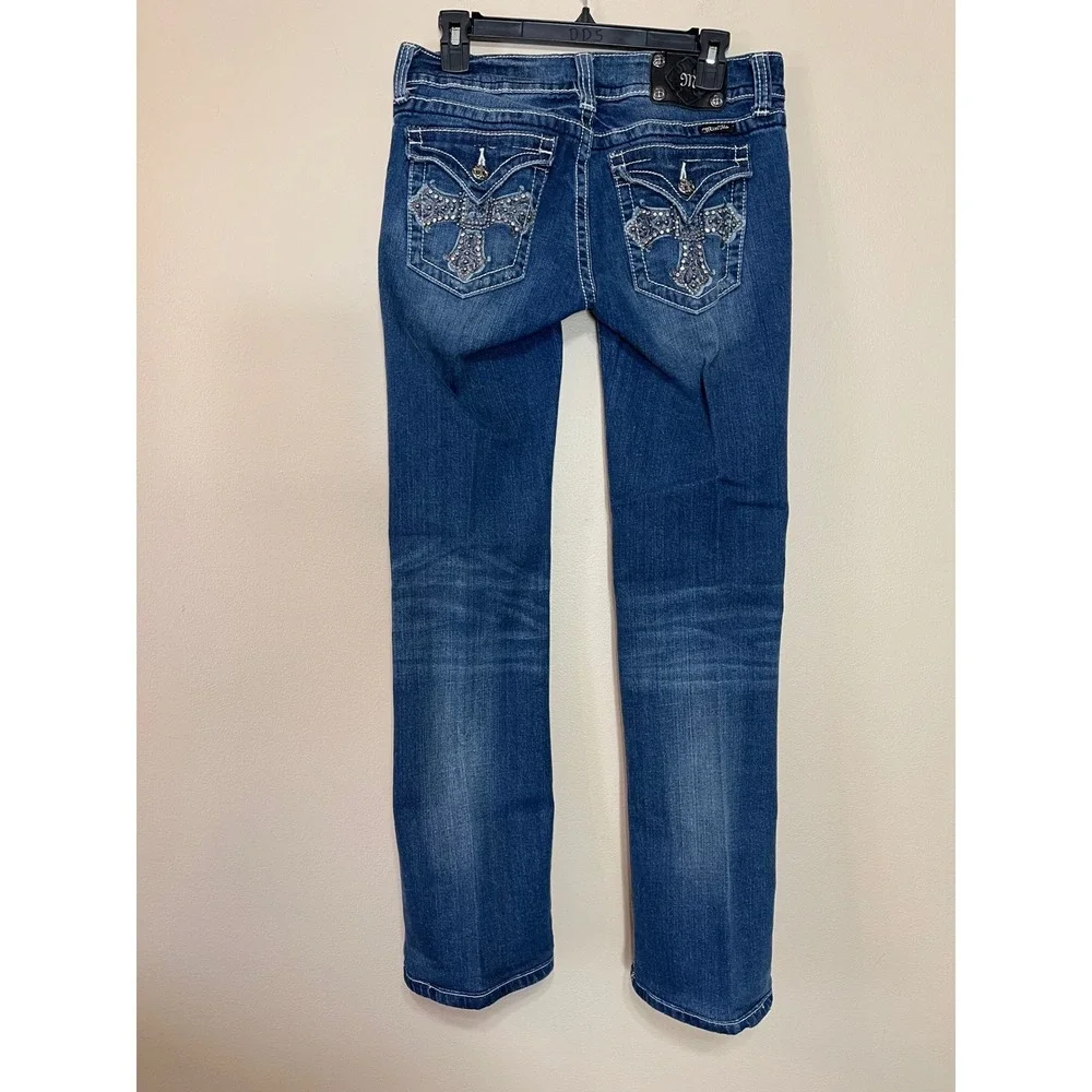 Miss Me JP5046-2 Bootcut Jeans Blue Denim Rhinestone Cross Flap Pocket Womens 31